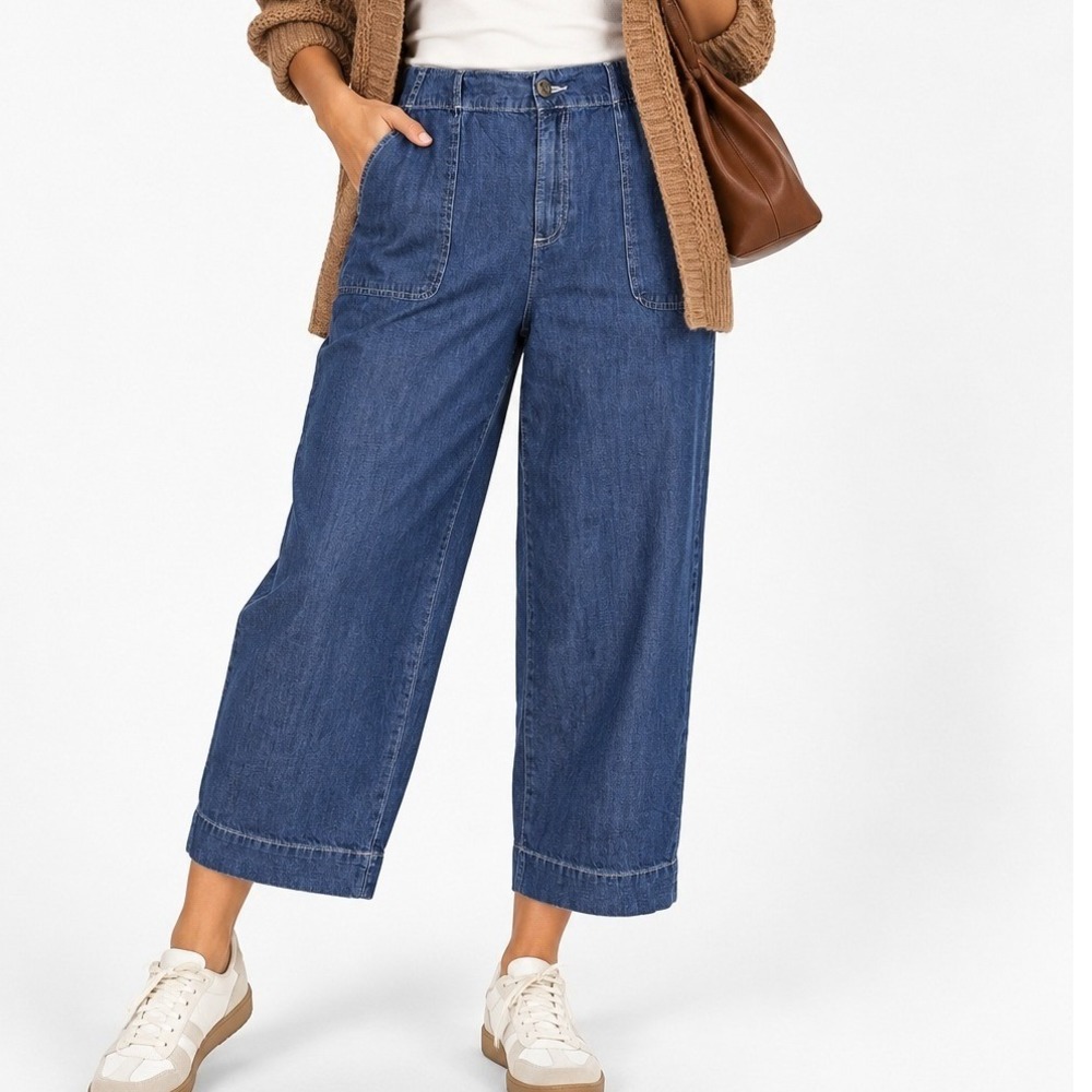 Women's Blue Denim Cropped Pants M High Rise Pleated Elastic Waist Cotton